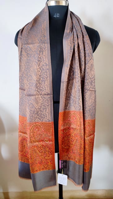 Pashmina Silk Stole with Self Weaving and Multicolor Kashmiri Weaving at Borders - Light Brown