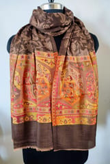 Pashmina Silk Stole with Self Weaving and Multicolor Kashmiri Weaving at Borders - Brown