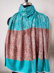 Pashmina Silk Stole with Self Weaving and Multicolor Kashmiri Weaving at Borders - Arctic Blue