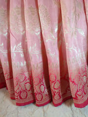 Bridal Banarasi Light Pink Pure Munga Silk Saree with Contrast Red Border and Beautiful Golden Zari Work All Over