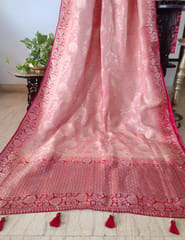 Bridal Banarasi Light Pink Pure Munga Silk Saree with Contrast Red Border and Beautiful Golden Zari Work All Over