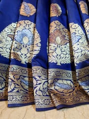 Navy Blue Banarasi Pure Silk Saree with Gold and Silver Zari Work