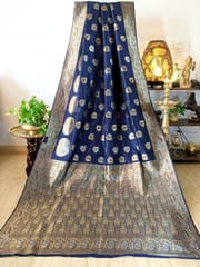 Navy Blue Banarasi Pure Silk Saree with Gold and Silver Zari Work