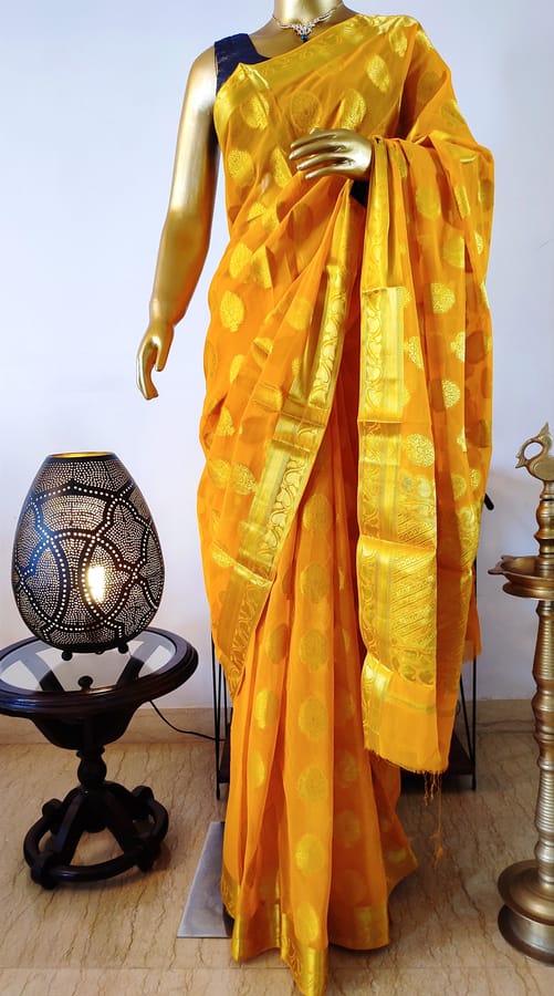 Canary Yellow Banarasi Georgette Saree with Beautiful Zari Work