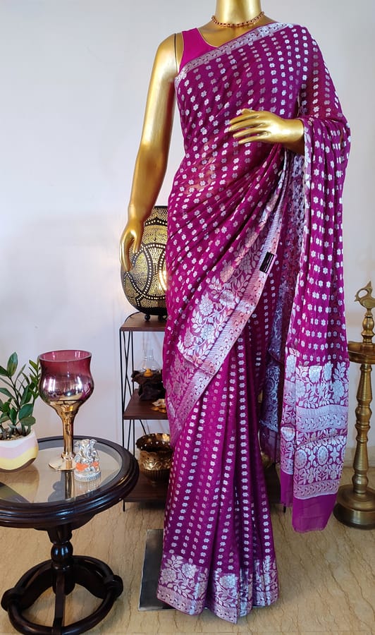 Beautiful Banarasi Chiffon in Raspberry Maroon with Silver Zari work