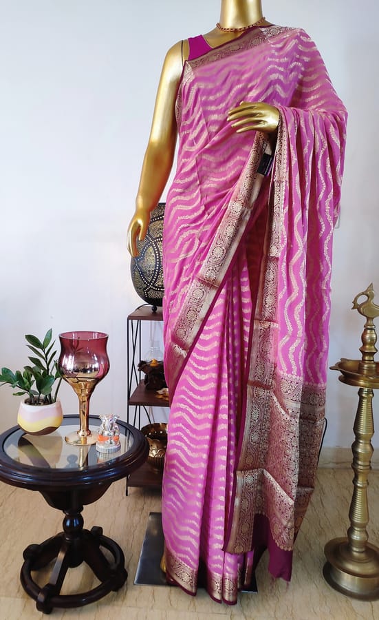 Banarasi Georgette Saree in Bubblegum Pink with Contrast Maroon Border & Anchal