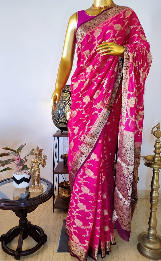 Banarasi Georgette Saree in Rani Pink with Contrast Maroon Border & Anchal
