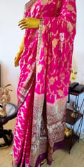 Banarasi Georgette Saree in Rani Pink with Contrast Maroon Border & Anchal