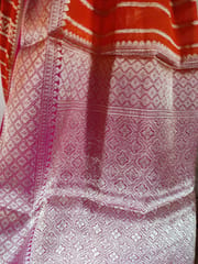 Banarasi Georgette Saree in Flaming Orange with Contrast Rani Pink Border & Anchal