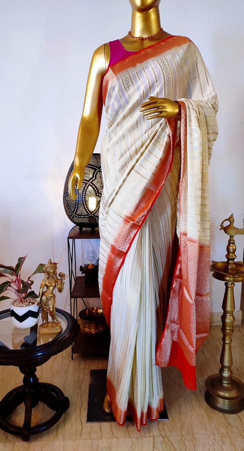 Banarasi Georgette Saree in Cream Colour with Contrast Red Border & Anchal