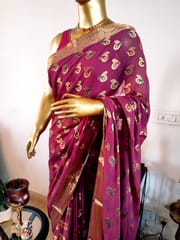 Banarasi Chiffon Saree in Raspberry Maroon Colour with Gold Paisley Motifs