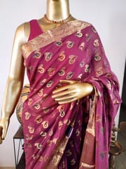 Banarasi Chiffon Saree in Raspberry Maroon Colour with Gold Paisley Motifs