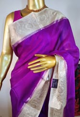 Banarasi Georgette Silk Saree in Deep Lilac Colour with Contrast Off White Zari Border & Anchal