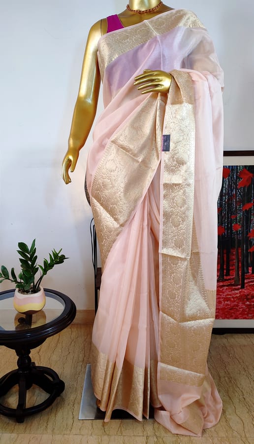 Banarasi Georgette Silk Saree in Light Peach Color with Zari Border & Anchal