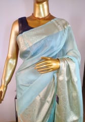 Banarasi Georgette Silk Saree in Light Mint Color with Zari Border & Anchal