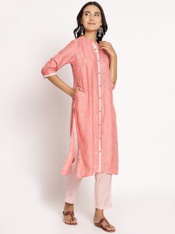 Peach Ornamental Printed Kurta With Trouser