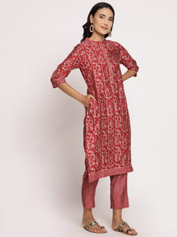 Red Ornamental Printed Kurta With Trouser