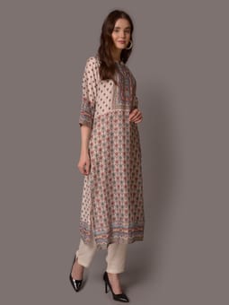 Off White Geometric Printed Kurta Trouser Dupatta