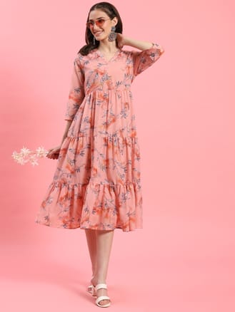 Peach Polyester Printed Dress