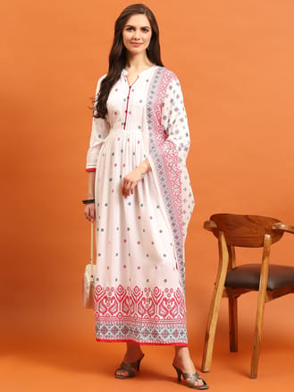 White Geometric Printed Dress With Dupatta
