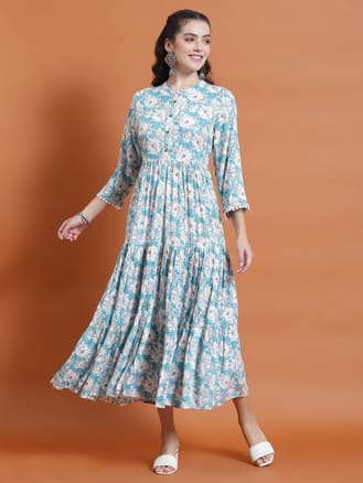 Women Turquoise Blue Floral Print Dress