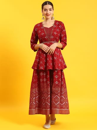 Women Maroon Ornamental Print Dress