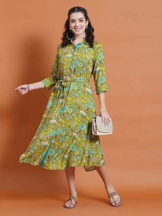 Women Olive Floral Print Dress