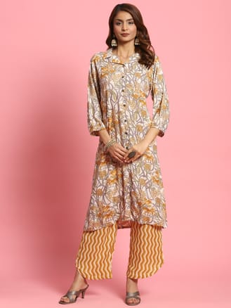 Women Mustard Floral Print Kurta With Comfort Pant