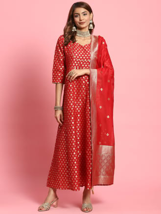 Women Chanderi Red Butti Print Dress With Dupatta