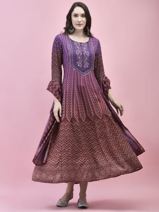 Women Liva Rayon Purple Embroidered Dress With Dupatta