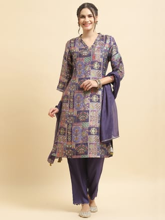 Women Jacquard Purple Ornamental Print Kurta Comfort Pant Dupatta