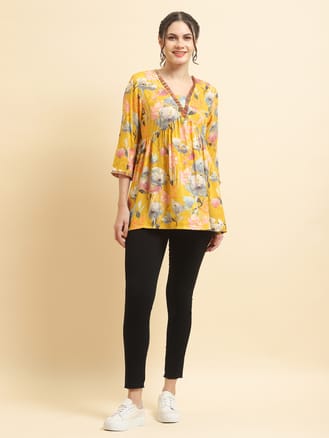 Women Liva Rayon Yellow Floral Print Tunic