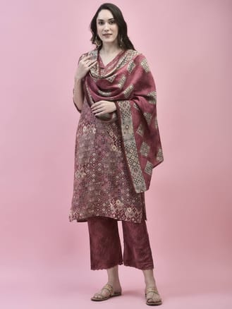 Women Viscose Pink Abstract Print Kurta Comfort Pant Dupatta