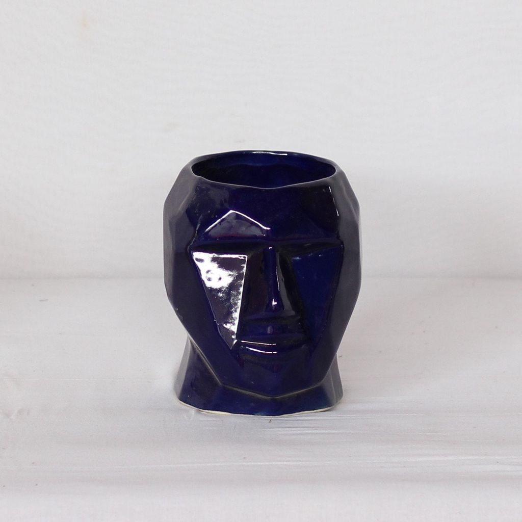 4X6 Inch Dark Blue Robot Face Ceramic Planter