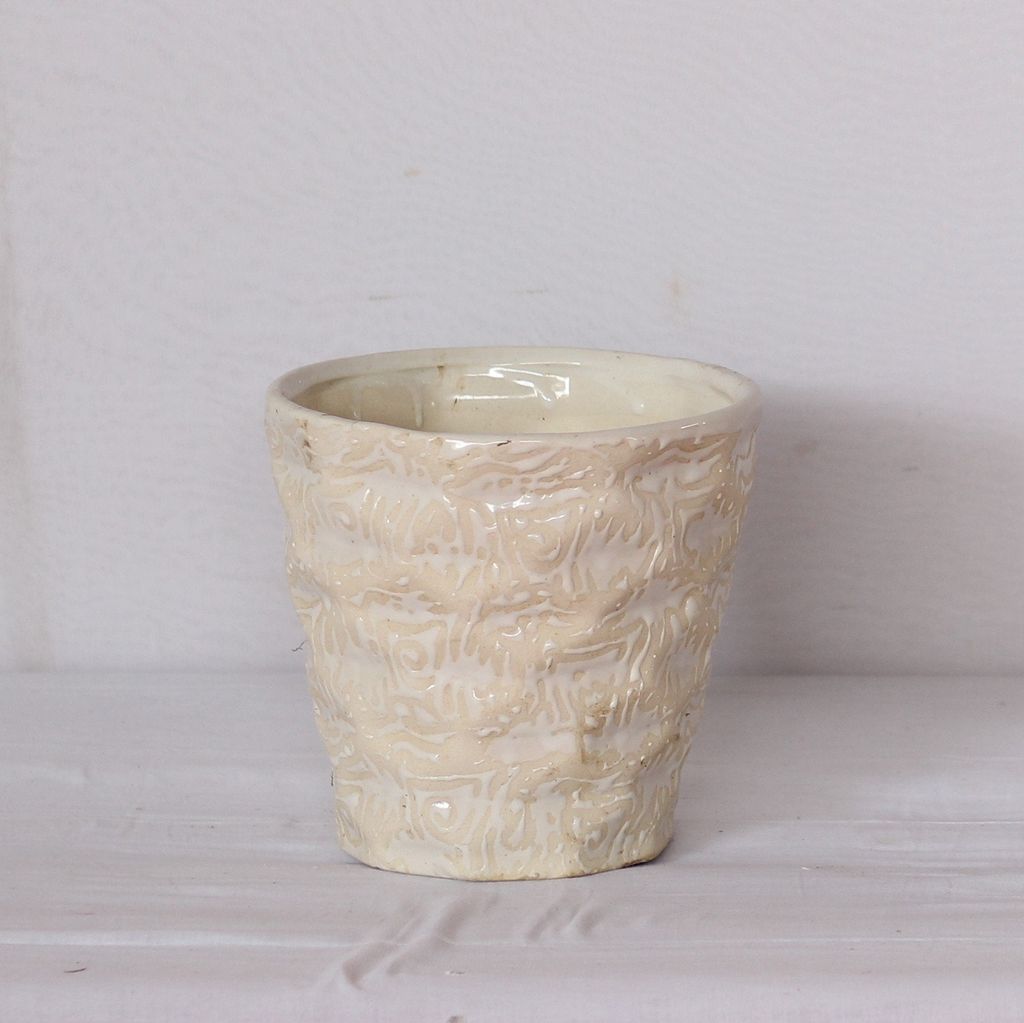 7X8 Inch White Round Cylindrical Textured Ceramic Planter