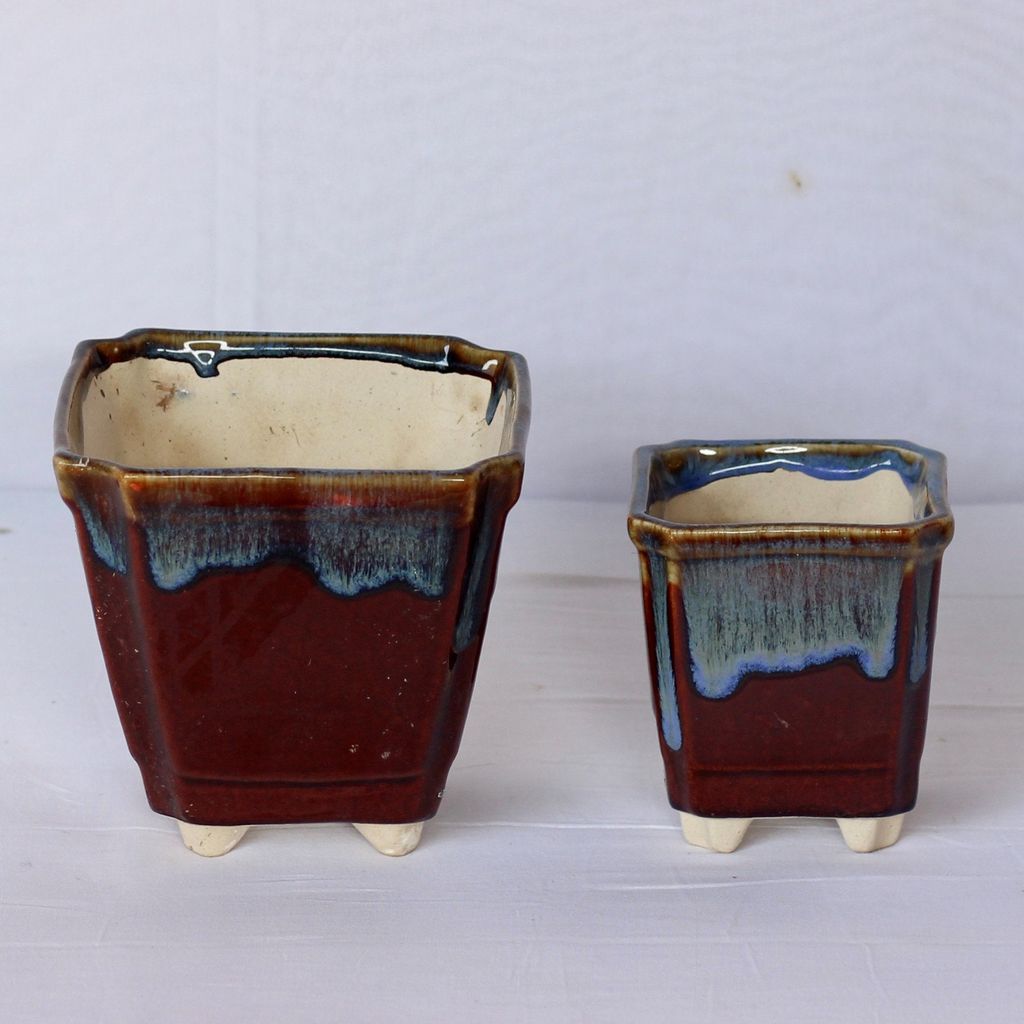 Chinese Brown Ceramic Planters- Set of 2 (5.5 x 5.5, 4.5 x 4 Inch)
