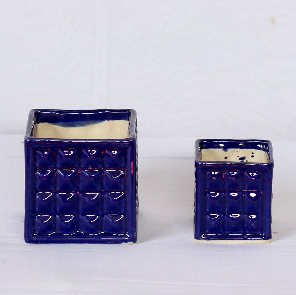 Blue box Ceramic Planter- Set of 2 (4 x 4.5, 3 x 3 Inch)