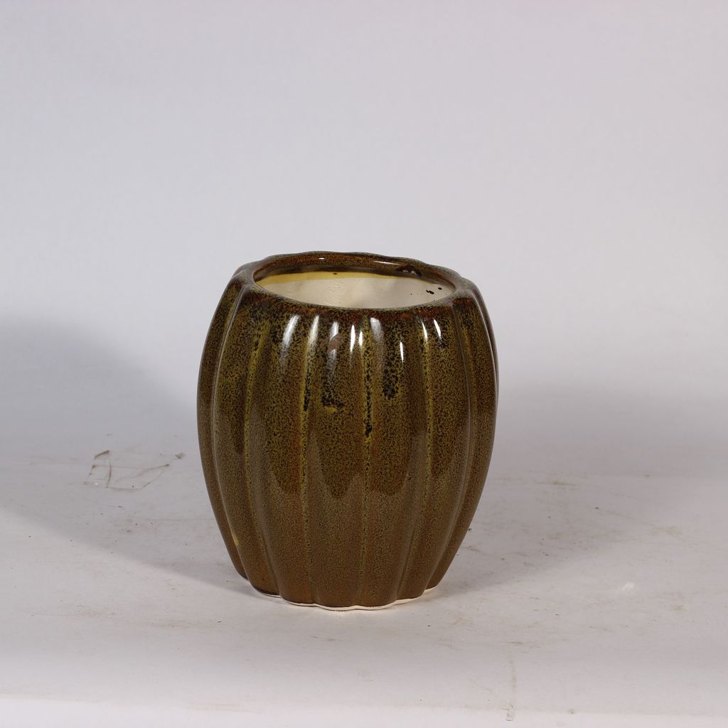 4 Inch Drum Brown Green Ceramic Planter