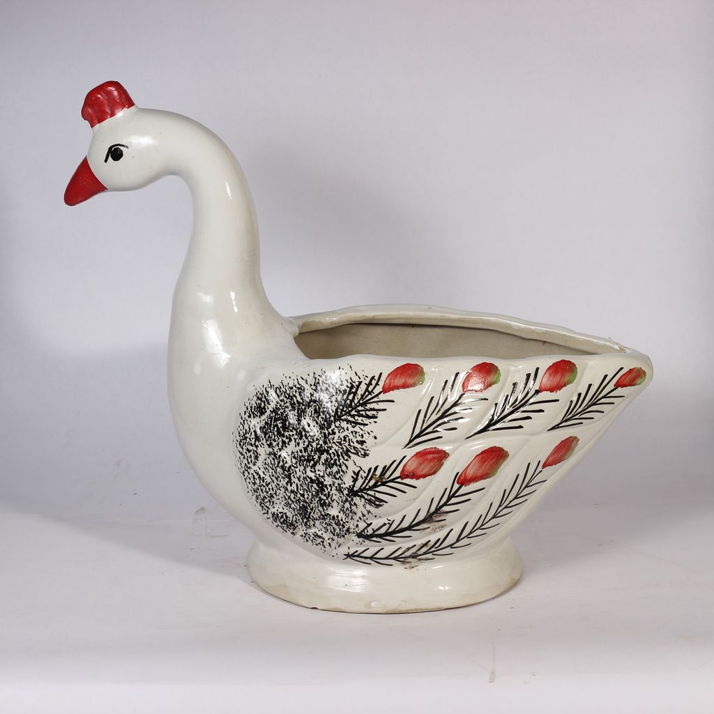 6 Inch White And Red Duck Shaped Ceramic Planter