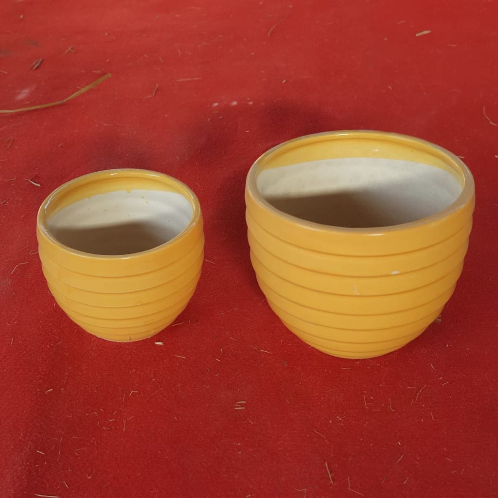 Set of 2 - 7 Inch, 5 inch Yellow Ring Ceramic Planters