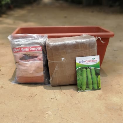 Buy Set of kitchen gardening kit- Bottle gourd Seeds + 17 inch high quality plastic planter + 1 Kg Vermicompost + 1 Kg 
Cocopeat block Online | Urvann.com