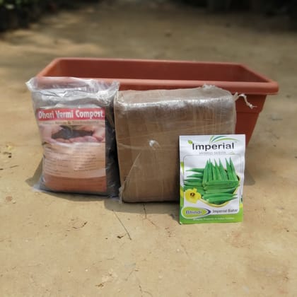 Buy Set of kitchen gardening kit- Bhindi Seeds + 17 inch high quality plastic planter + 1 Kg Vermicompost + 1 Kg 
Cocopeat block Online | Urvann.com