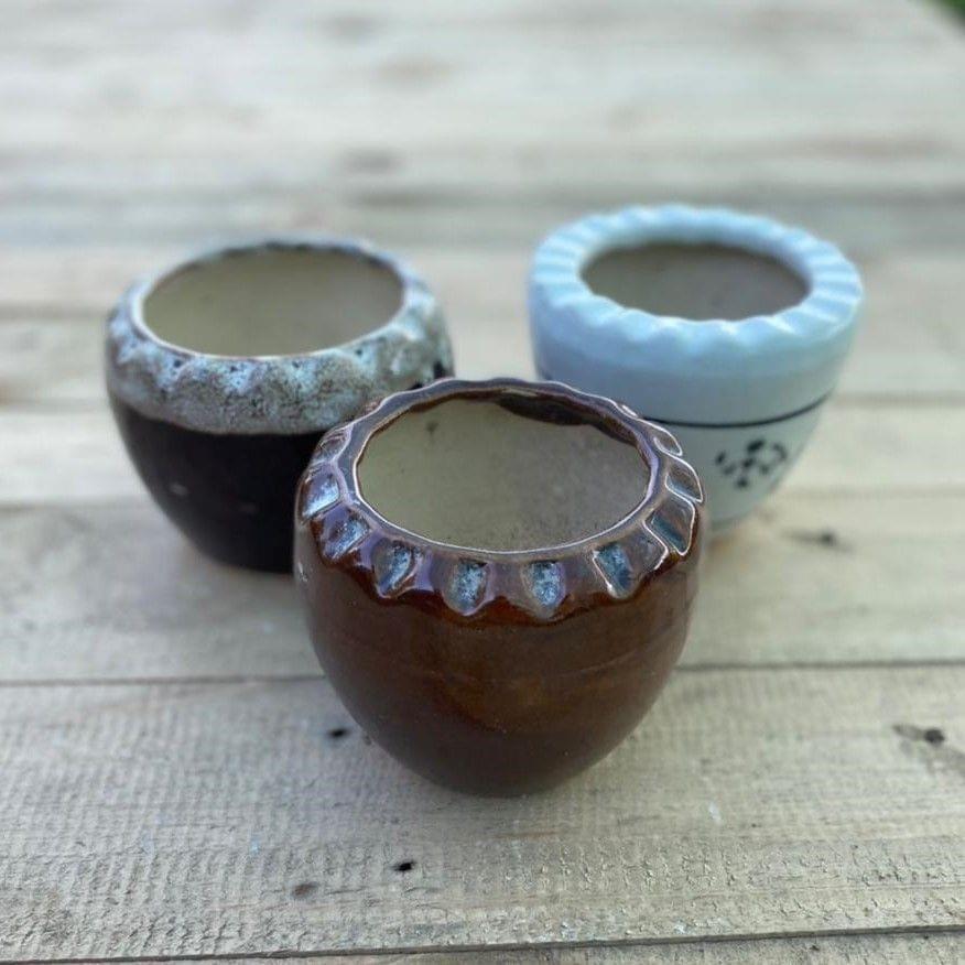 Set of 3 - 4 Inch Collar Designer Cup Ceramic Pot (any colour)