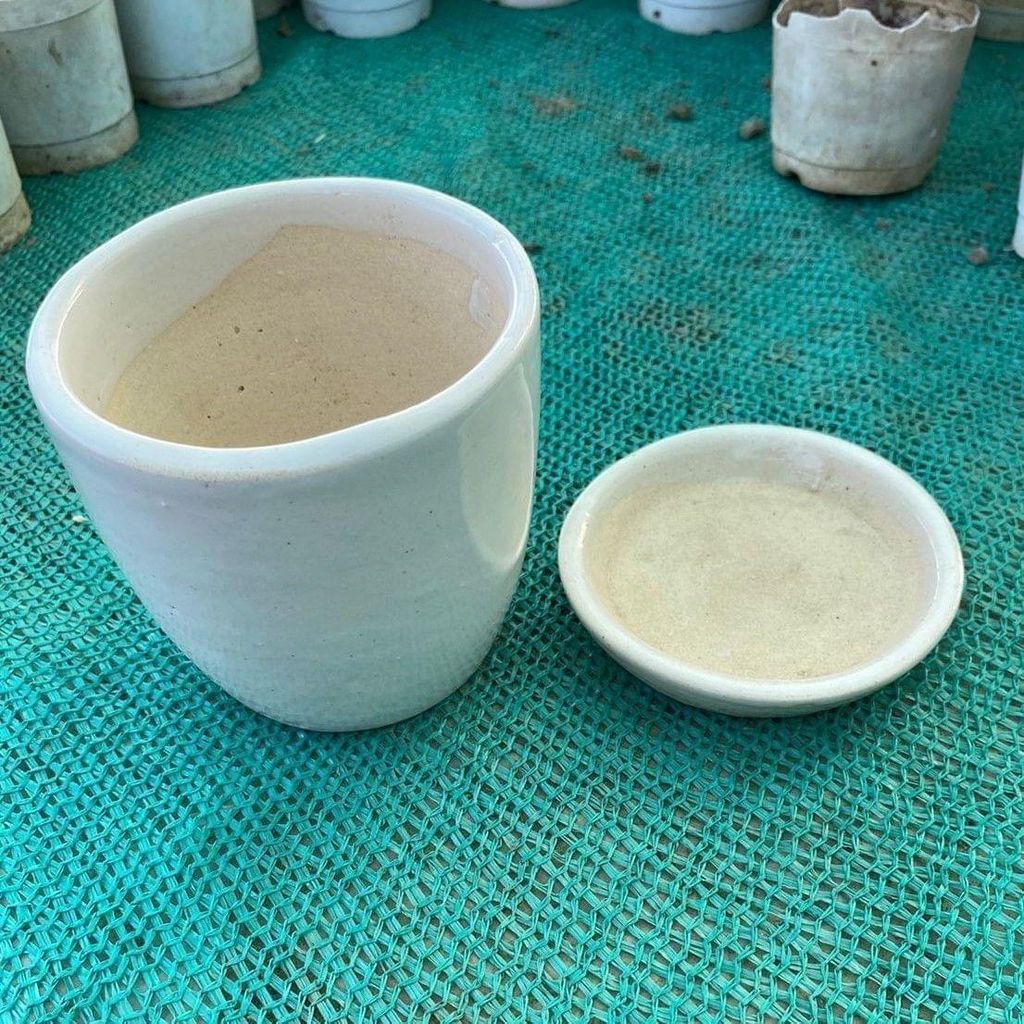 4 Inch White Cup Ceramic Pot with Plate