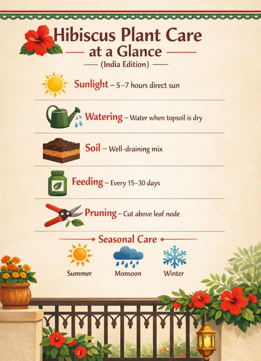 Illustrated hibiscus plant care guide for Japa plant in pots, India