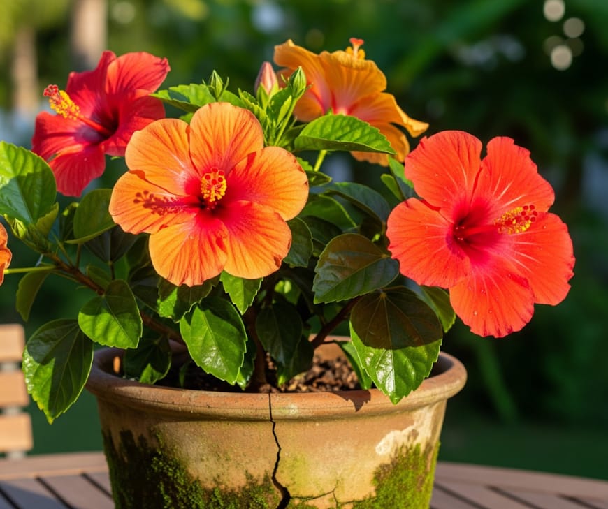 A potted Hibiscus Plant in sunlight