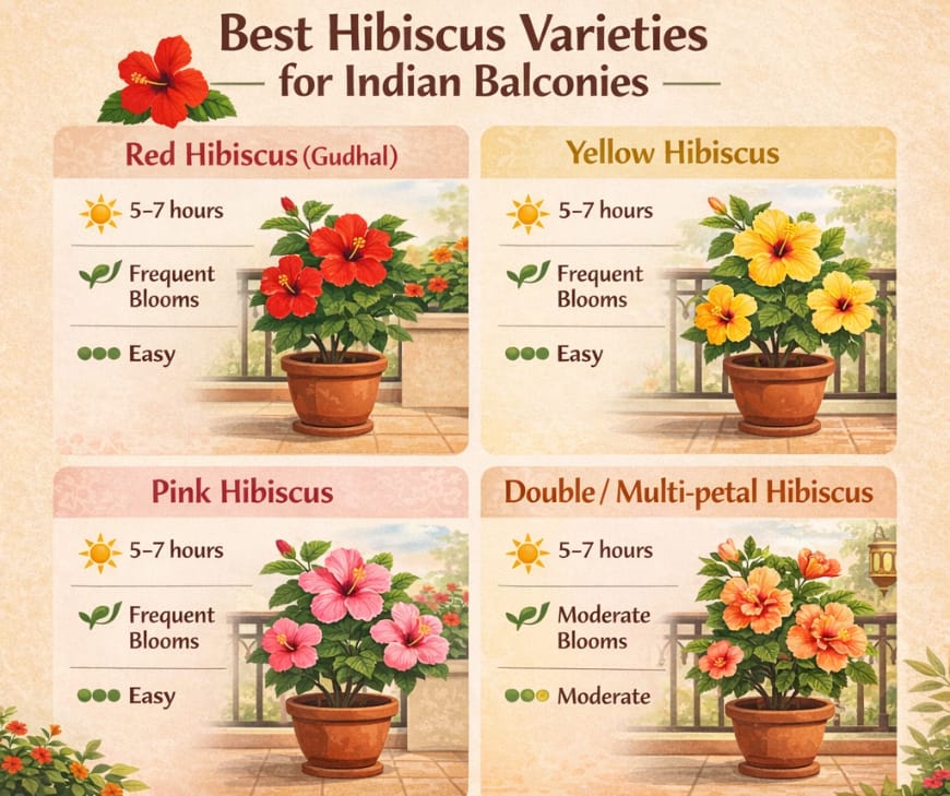 Types of hibiscus flowers in India. Balcony-friendly hibiscus flower variety chart
