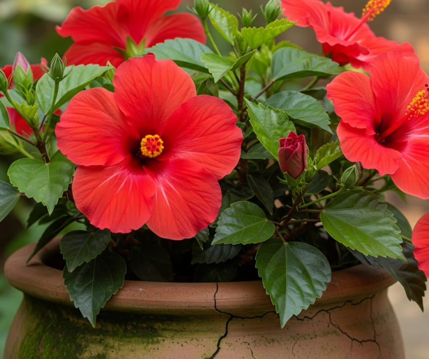 Red hibiscus potted plant. Different types of hibiscus flowers.