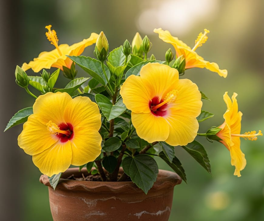 Yellow hibiscus potted plant. Different types of hibiscus flowers.