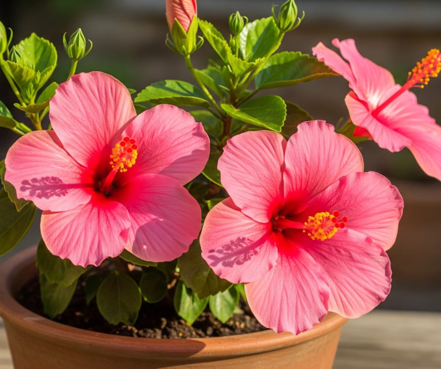 Pink hibiscus potted plant. Different types of hibiscus flowers.